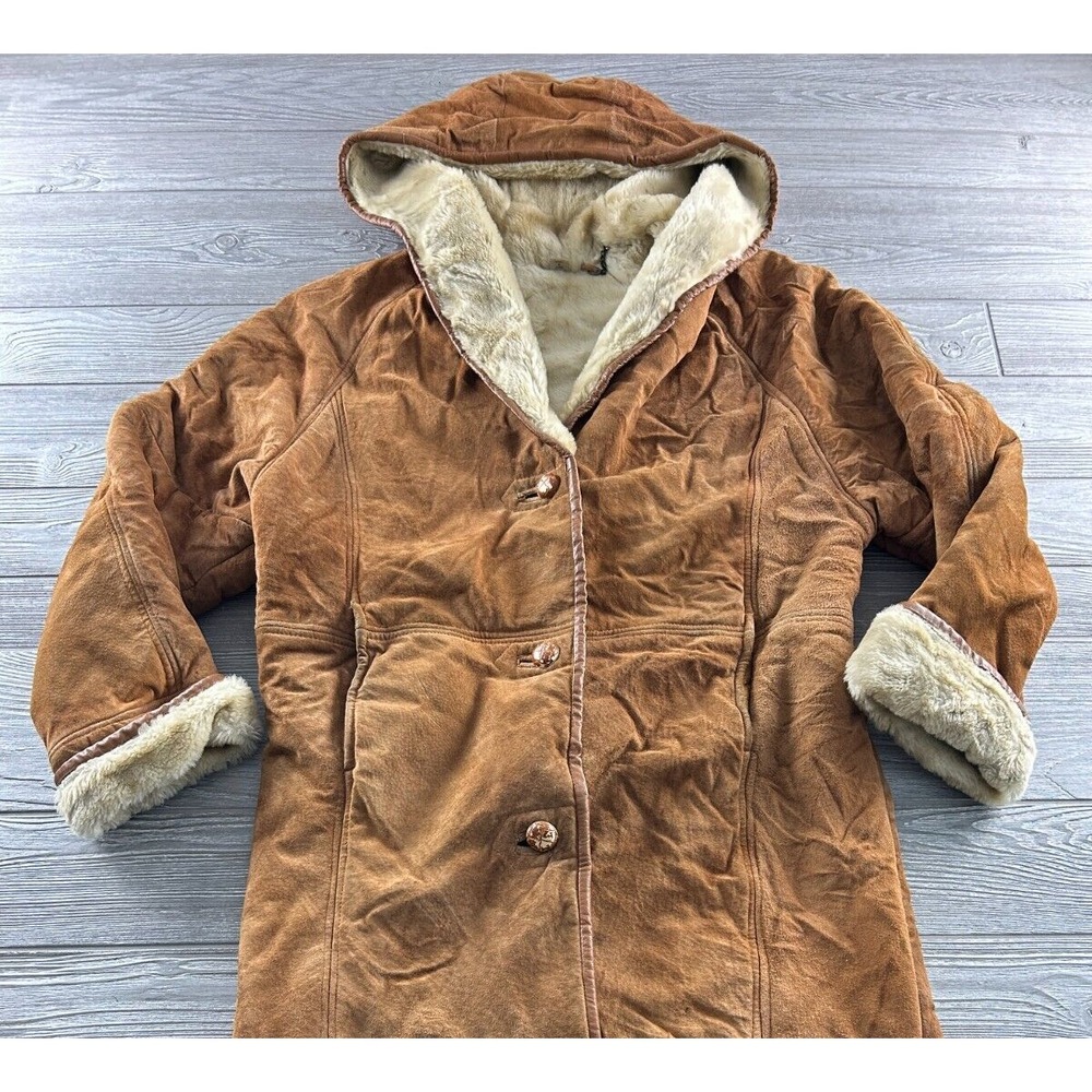Vintage Synergy Fur Lined Leather Coat Brown Button Up Hooded Penny Lane 70s?